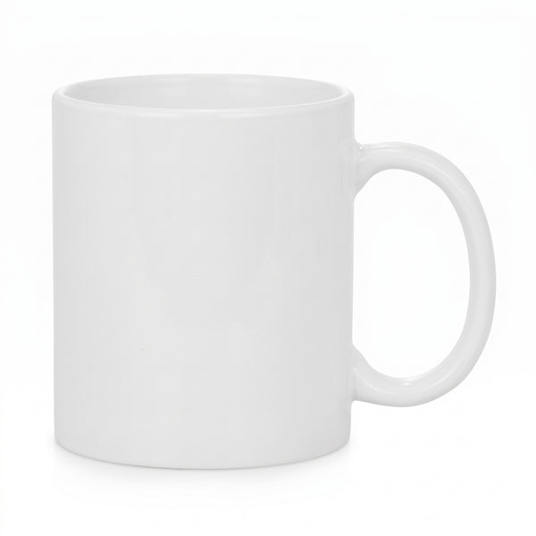Blank white 11oz ceramic mug, handle on the right, on a white background