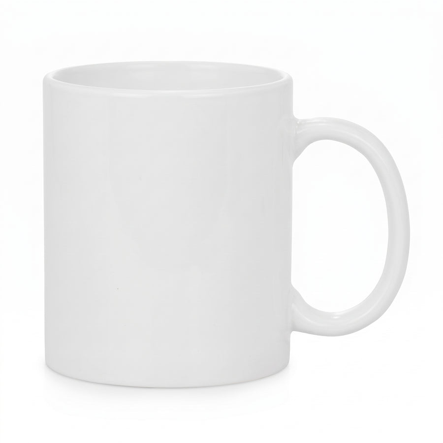 Blank white 11oz ceramic mug, handle on the right, on a white background