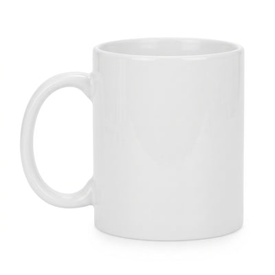 Blank white 11oz ceramic mug, handle on the left, on a white background