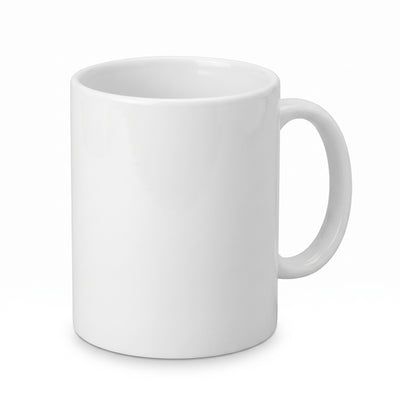 White ceramic mug at a three-quarter angle with the handle to the right