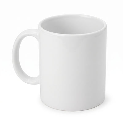 White ceramic mug at a three-quarter angle with the handle to the left